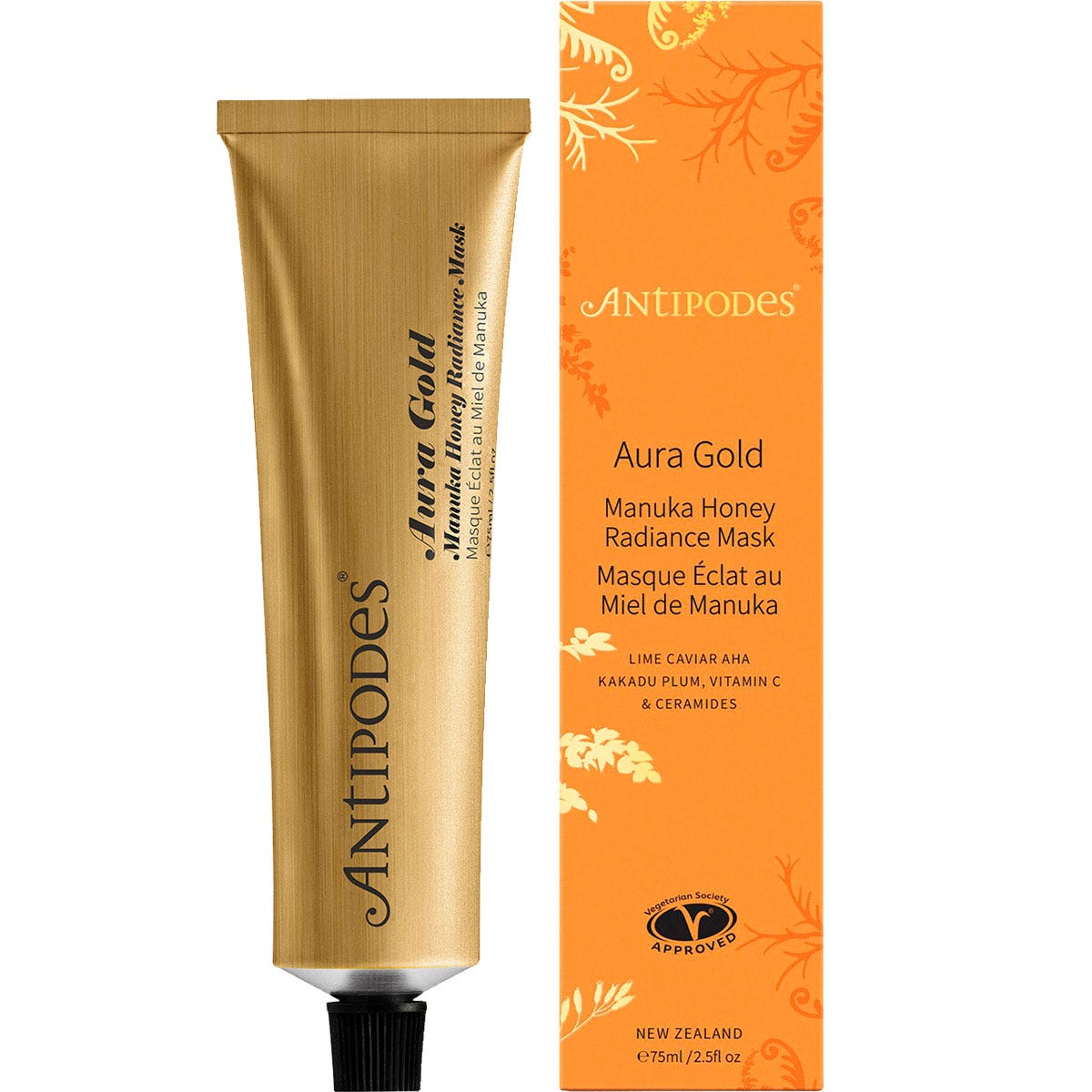 Antipodes Aura Gold Manuka Honey Radiance Mask 75ml tube and box featuring a golden cream texture and botanical illustrations.