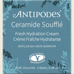 Antipodes Ceramide Souffle Fresh Hydration Cream 60ml box featuring botanical illustrations on a white background.