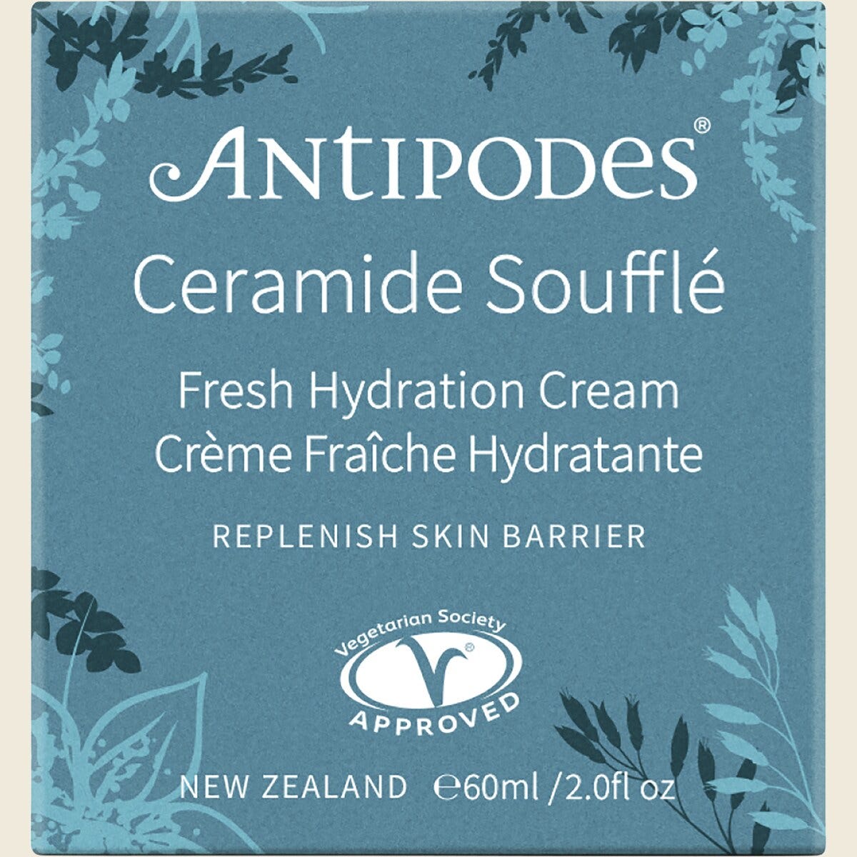 Antipodes Ceramide Souffle Fresh Hydration Cream 60ml box featuring botanical illustrations on a white background.