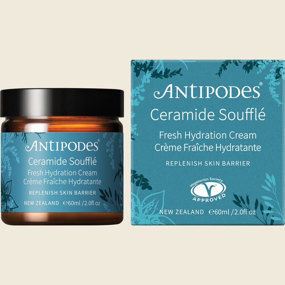 Antipodes Ceramide Souffle Fresh Hydration Cream 60ml jar and box with botanical illustrations.