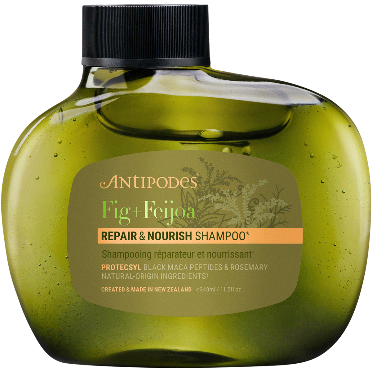 340ml bottle of Antipodes Fig + Feijoa Repair & Nourish Shampoo featuring a sleek, dark green asymmetrical design.