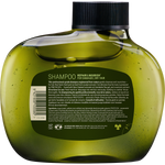 Rear view of a 340ml bottle of Antipodes Fig + Feijoa Repair & Nourish Shampoo against a white background.