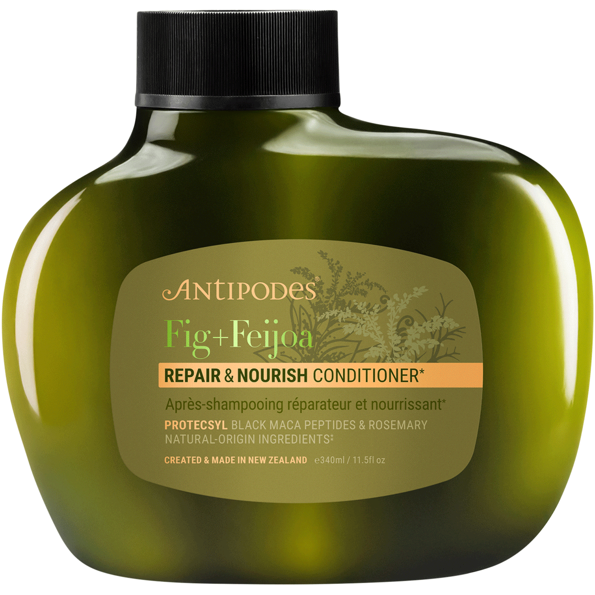Antipodes Fig + Feijoa Repair & Nourish Conditioner 340ml in a dark bottle with a green and white botanical label.