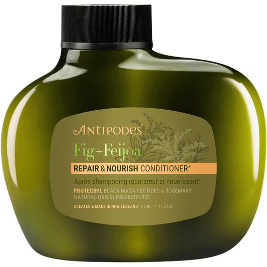 Antipodes Fig + Feijoa Repair & Nourish Conditioner 340ml in a dark bottle with a green and white botanical label.