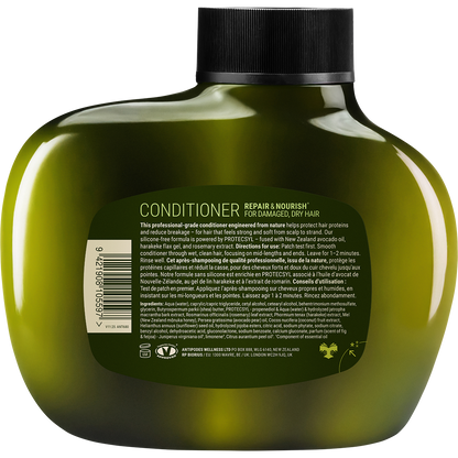 Rear view of a 340ml bottle of Antipodes Fig + Feijoa conditioner showing the label with ingredients and usage directions.