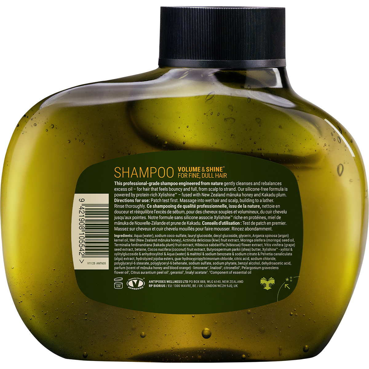 Back of Antipodes Manuka + Orange Shampoo 340ml bottle showing ingredients and directions on a botanical label.