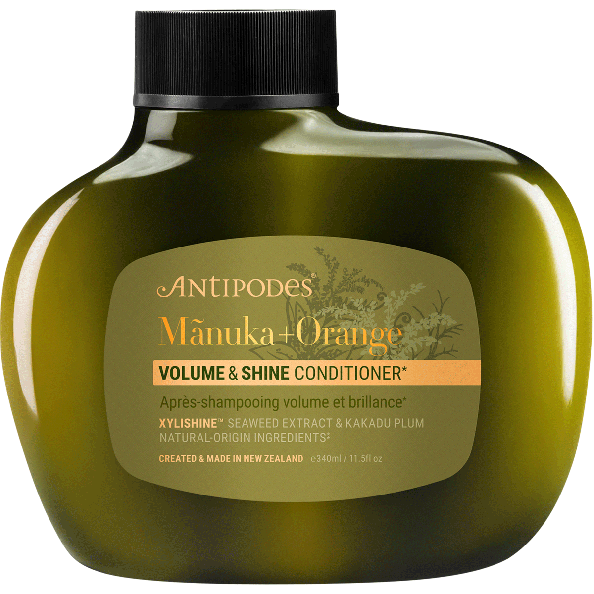 340ml bottle of Antipodes Manuka + Orange Volume & Shine Conditioner featuring orange and floral illustrations.