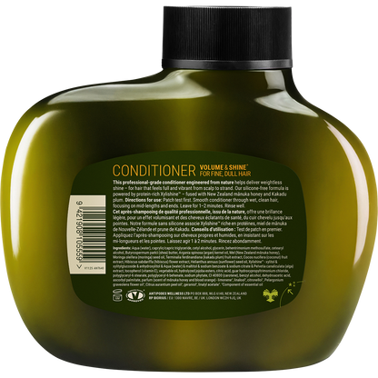Back of an Antipodes Manuka and Orange Volume and Shine Conditioner bottle with product information and barcode.