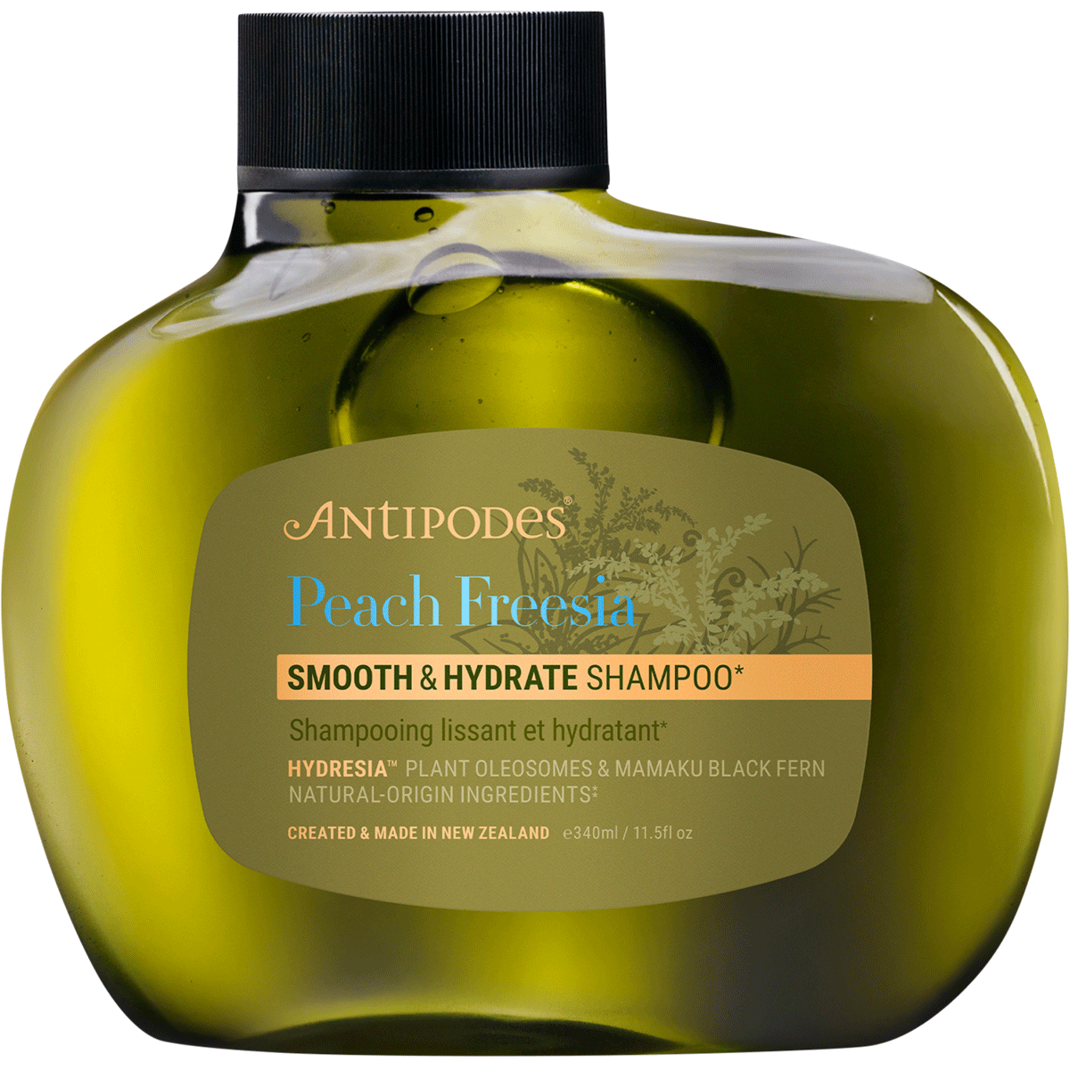 340ml bottle of Antipodes Peach Freesia Smooth and Hydrate Shampoo featuring a brown bottle and minimalist label.