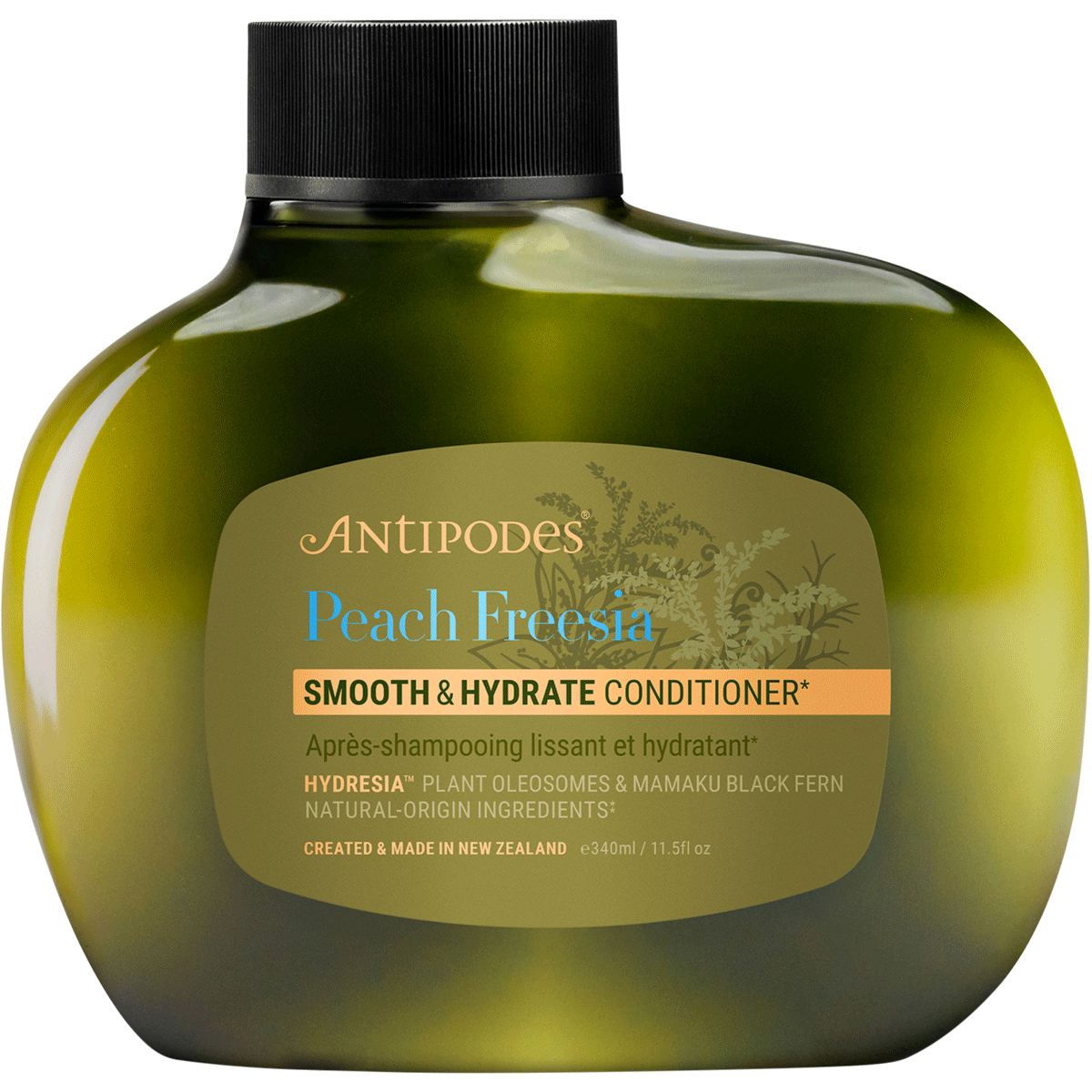 Antipodes Peach Freesia Smooth and Hydrate Conditioner in a 340ml white pump bottle on a white background.