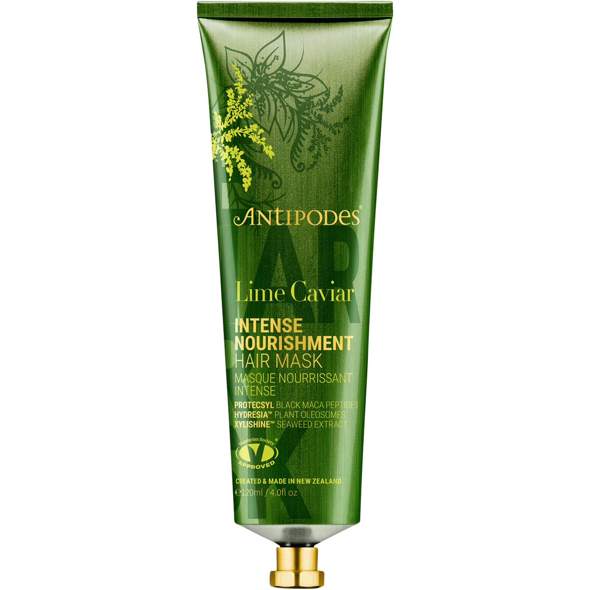 Antipodes Lime Caviar Intense Nourishment Hair Mask 120ml tub and box with lime illustrations.