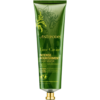 Antipodes Lime Caviar Intense Nourishment Hair Mask 120ml tub and box with lime illustrations.