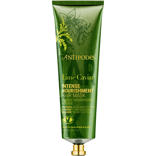 Antipodes Lime Caviar Intense Nourishment Hair Mask 120ml tub and box with lime illustrations.