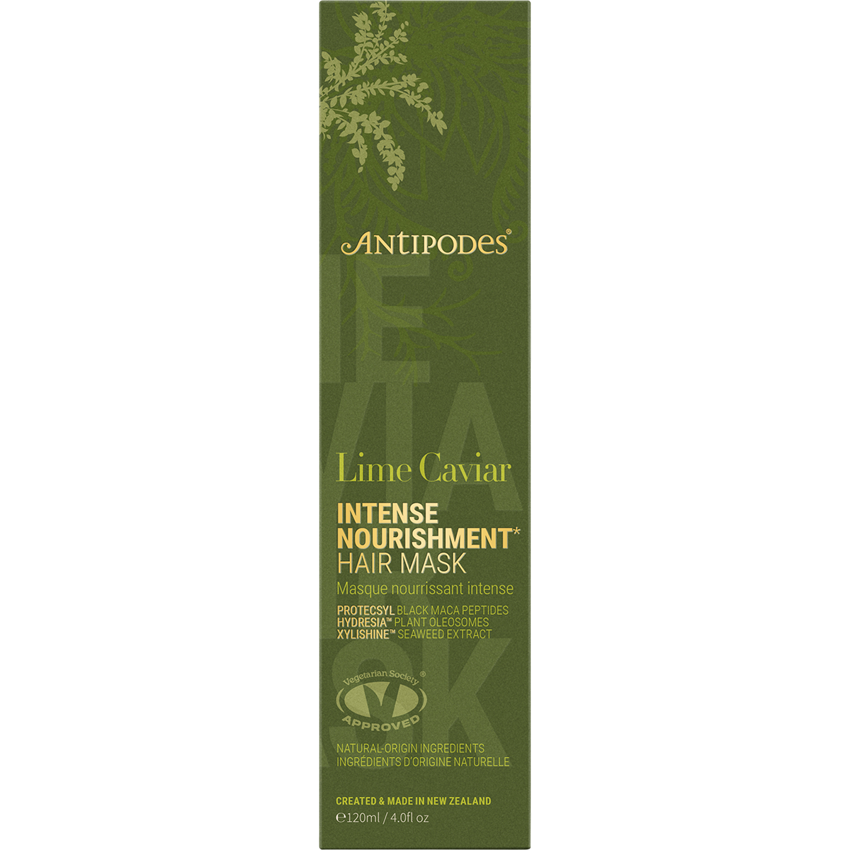 Back of the Antipodes Lime Caviar hair mask tube showing ingredients and directions on a white background.