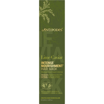 Back of the Antipodes Lime Caviar hair mask tube showing ingredients and directions on a white background.