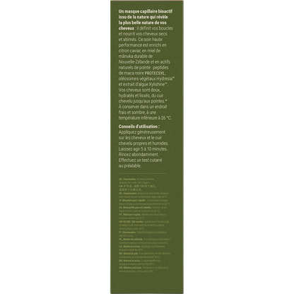 Back of Antipodes Lime Caviar hair mask box with ingredients, directions, and clinical trial results on a white background.