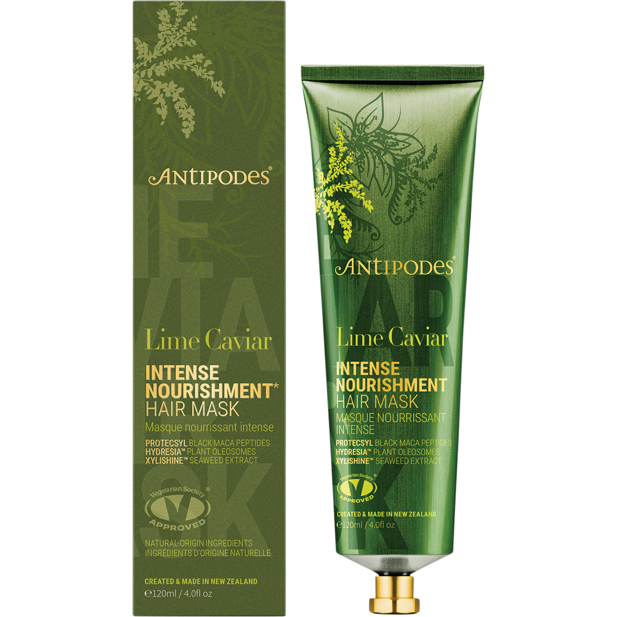 Antipodes Lime Caviar Intense Nourishment Hair Mask 120ml bottle and box with green lime illustrations.