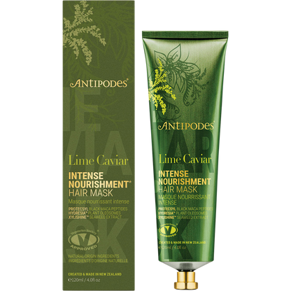 Antipodes Lime Caviar Intense Nourishment Hair Mask 120ml bottle and box with green lime illustrations.