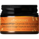 Antipodes 15ml mini tube of Supernatural SPF50+ Ceramide Silk Facial Sunscreen on a white background.
