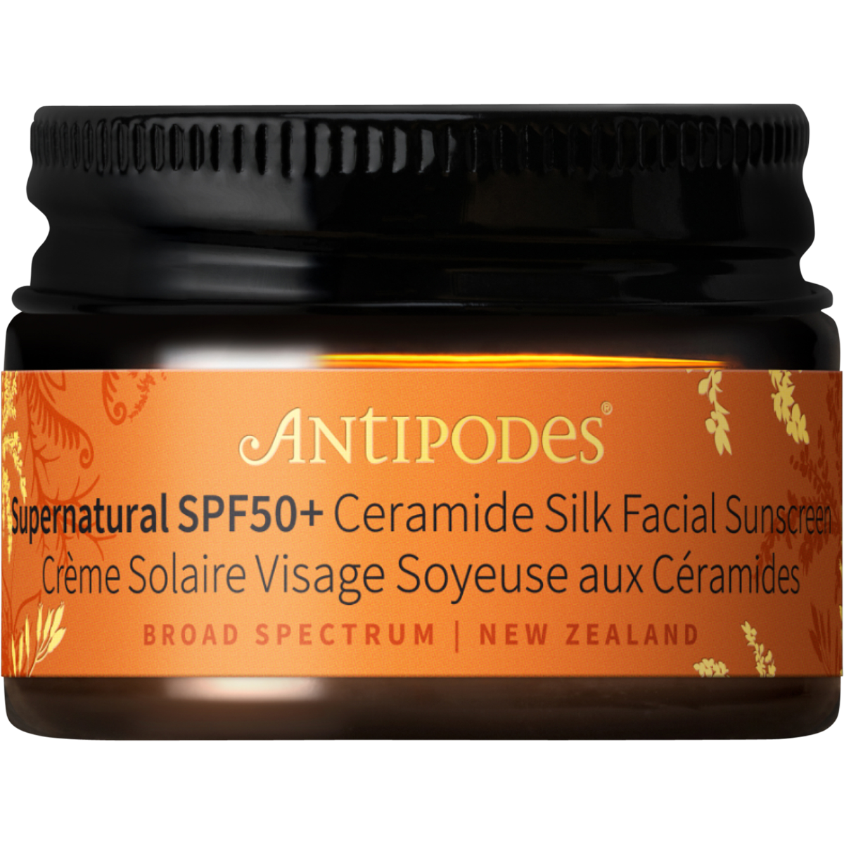 Antipodes 15ml mini tube of Supernatural SPF50+ Ceramide Silk Facial Sunscreen on a white background.