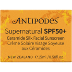 Antipodes Supernatural SPF50+ Ceramide Silk Facial Sunscreen 15ml mini box on a white background.