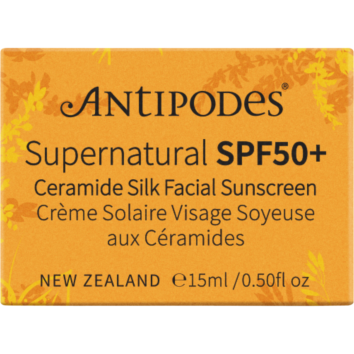 Antipodes Supernatural SPF50+ Ceramide Silk Facial Sunscreen 15ml mini box on a white background.