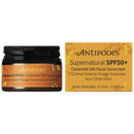 15ml tube and box of Antipodes Supernatural SPF50+ Ceramide Silk Facial Sunscreen on a white background.
