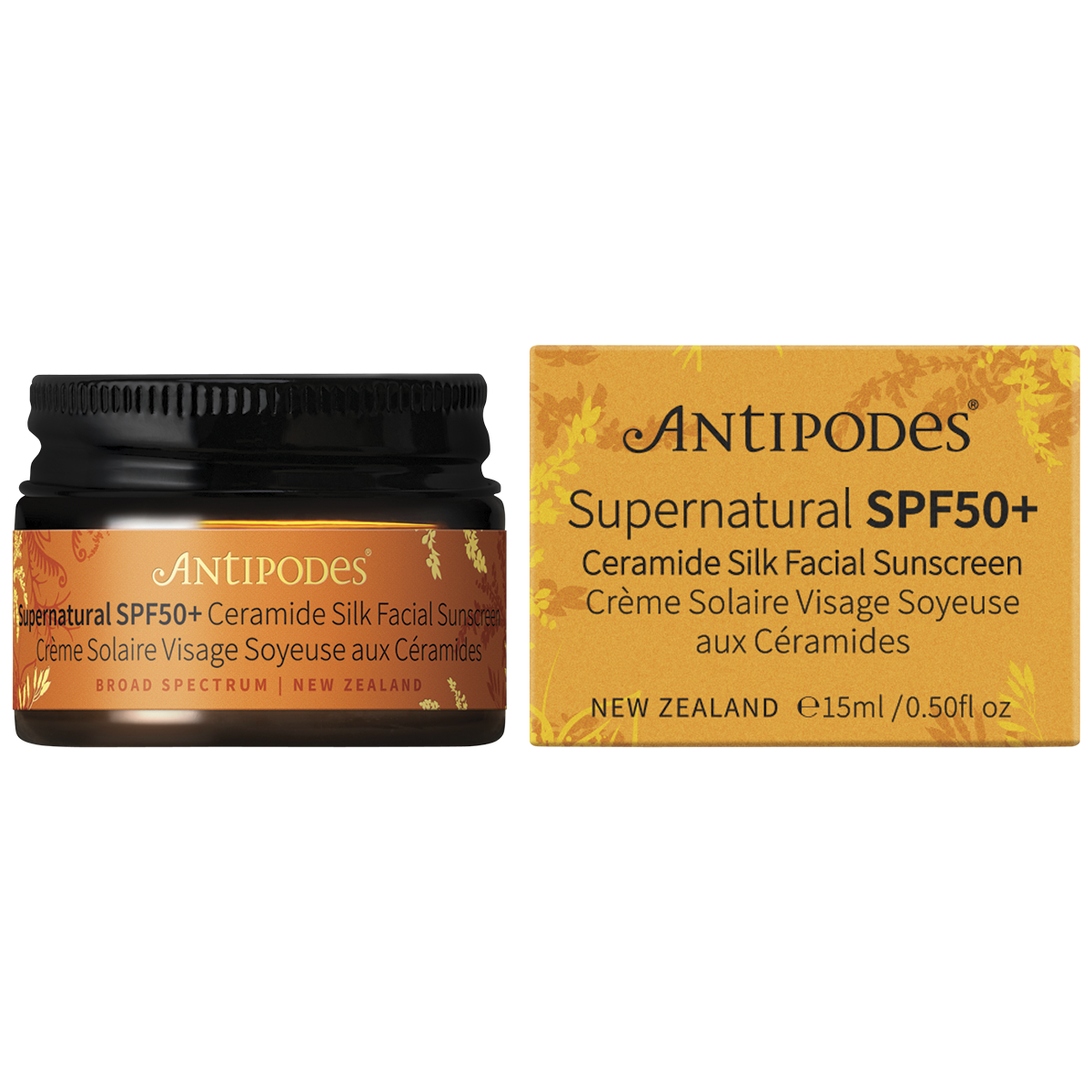 15ml tube and box of Antipodes Supernatural SPF50+ Ceramide Silk Facial Sunscreen on a white background.