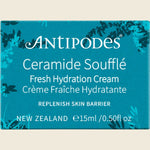 Antipodes Ceramide Souffle mini 15ml box with green botanical illustrations on a white background.