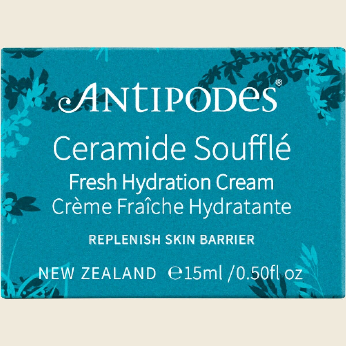Antipodes Ceramide Souffle mini 15ml box with green botanical illustrations on a white background.