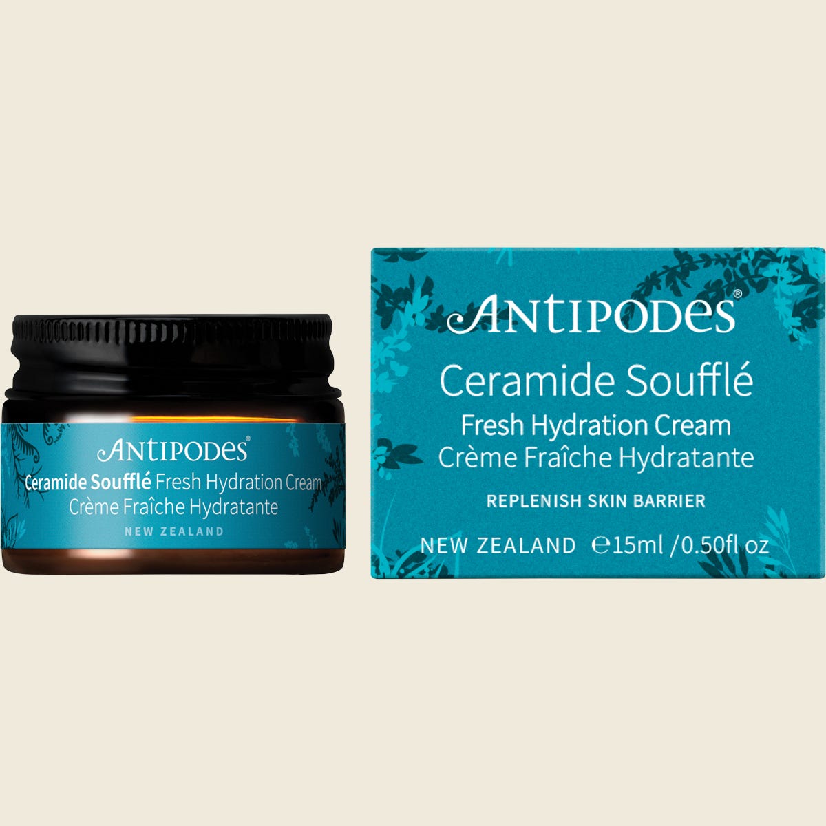 Antipodes Ceramide Souffle mini 15ml jar and box with light whipped cream and botanical illustrations.