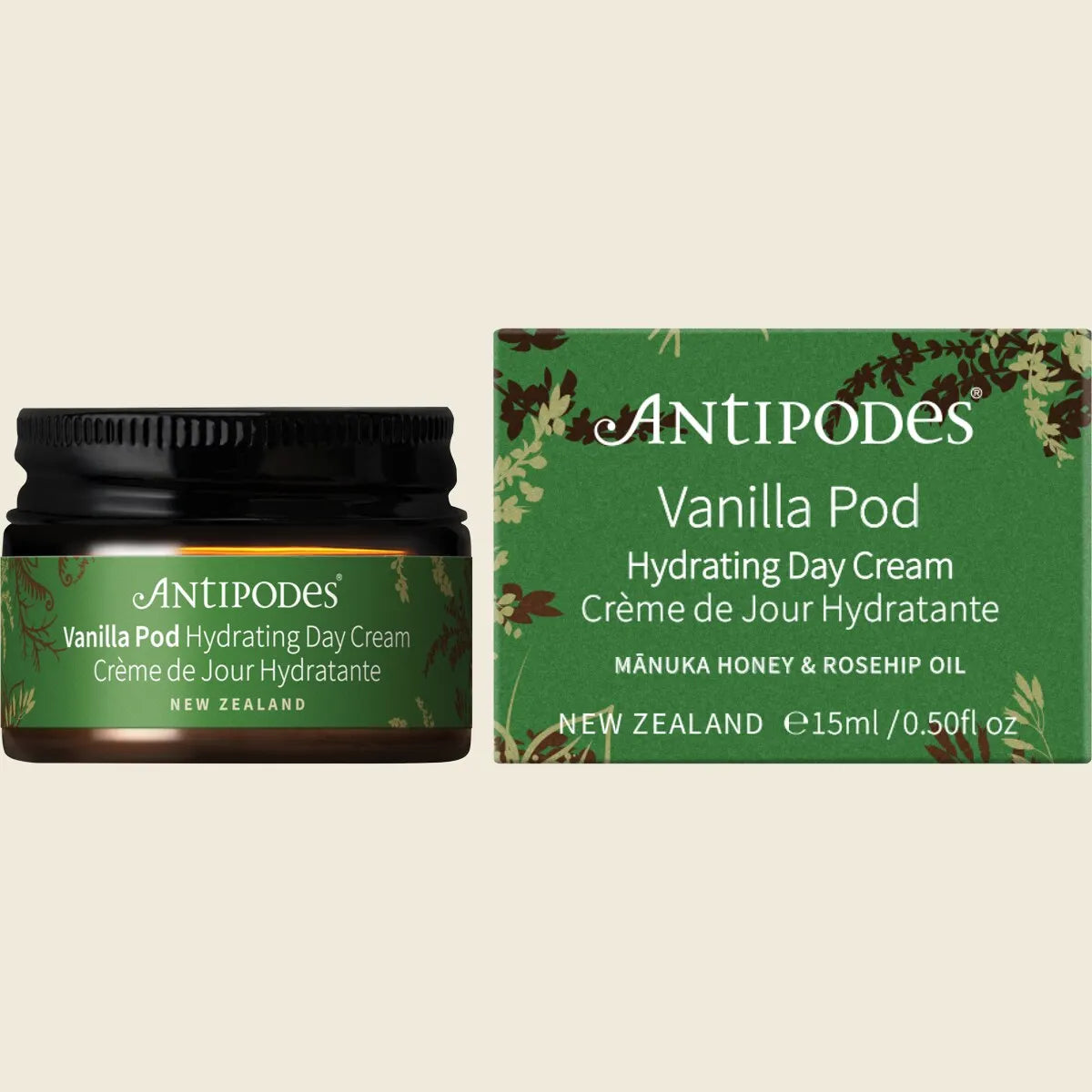 Antipodes Vanilla Pod hydrating day cream jar and packaging on a beige background