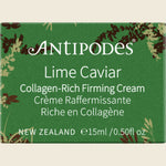 Green box for Antipodes Lime Caviar Collagen-Rich Firming Cream 15ml mini on a white background.