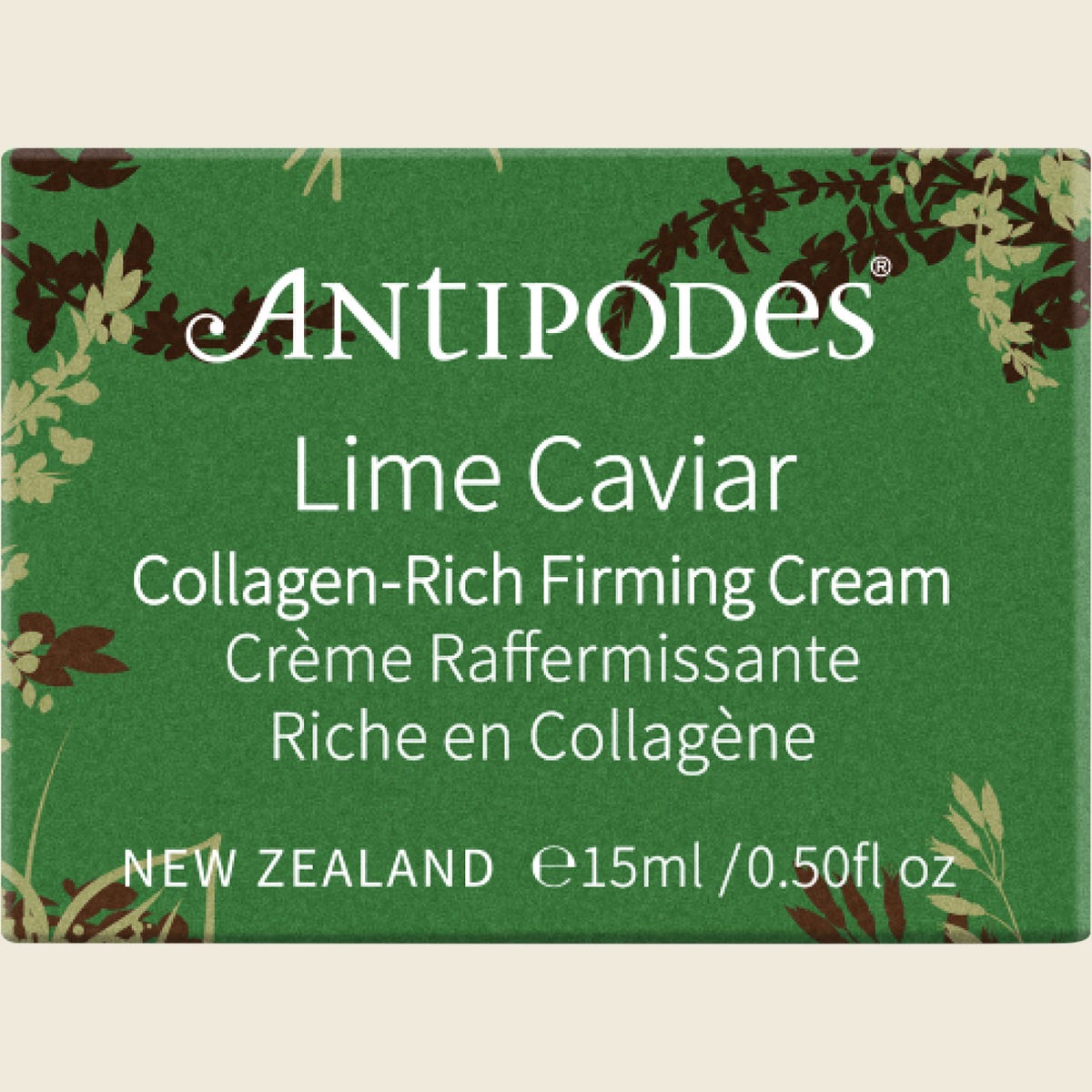 Green box for Antipodes Lime Caviar Collagen-Rich Firming Cream 15ml mini on a white background.