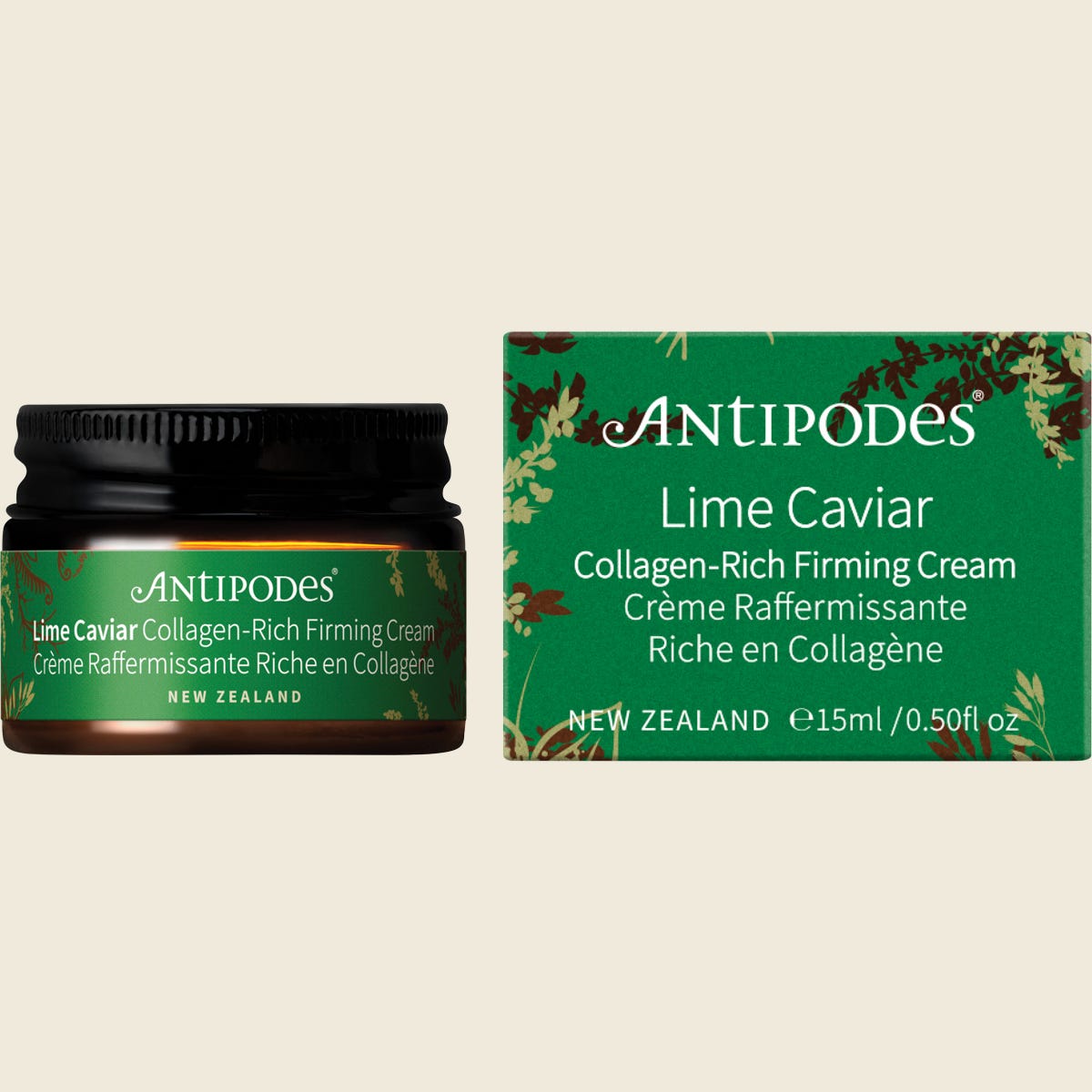 Antipodes Lime Caviar Collagen-Rich Firming Cream 15ml mini jar and matching green box on a white background.