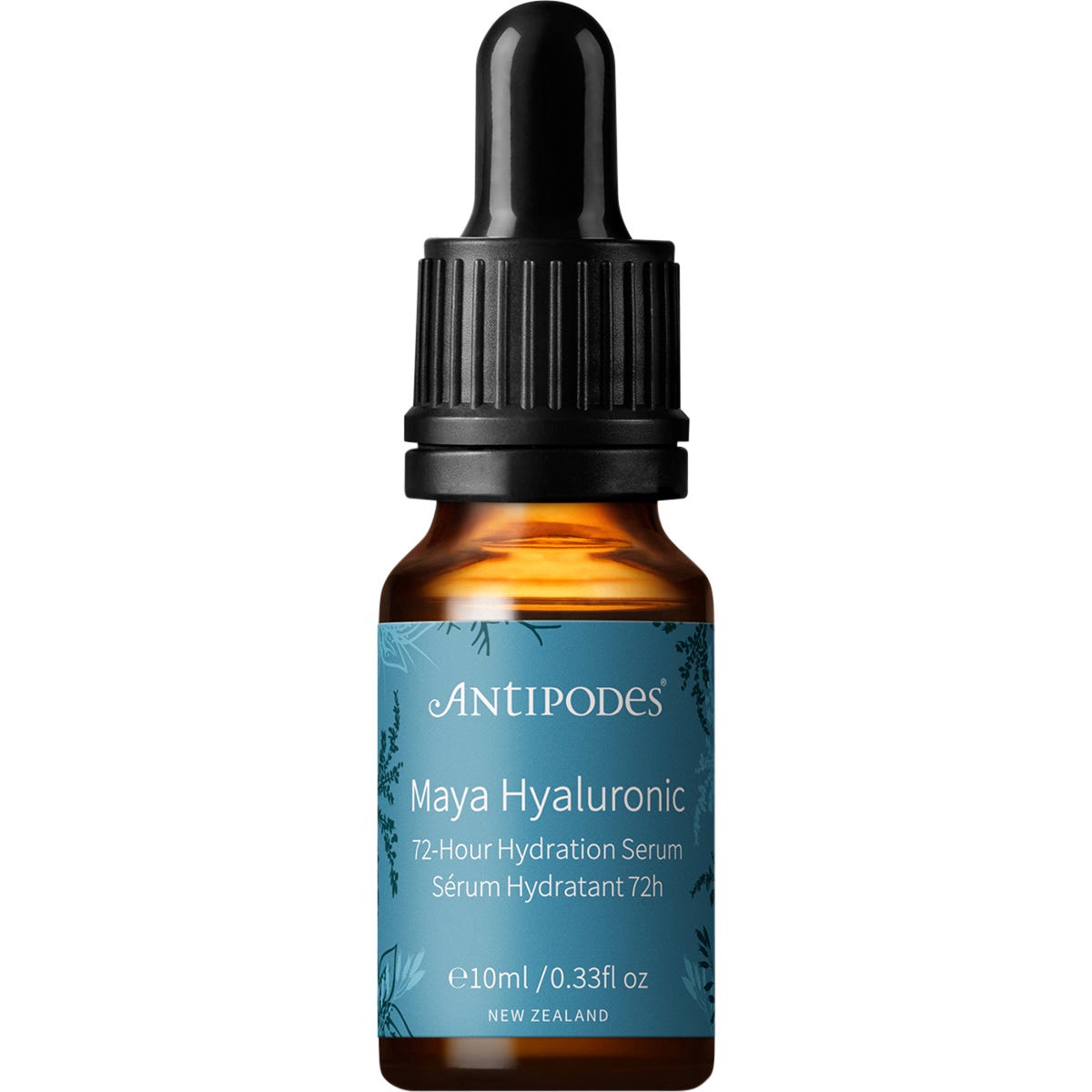 Antipodes Maya Hyaluronic 72-Hour Hydration Serum 10ml mini green glass bottle with a dropper and gold cap.