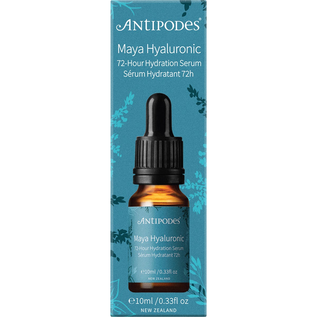 Green floral patterned box for Antipodes Maya Hyaluronic 72-Hour Hydration Serum 10ml mini.