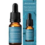 Antipodes Maya Hyaluronic 72-Hour Hydration Serum 10ml mini bottle and its green floral patterned box.