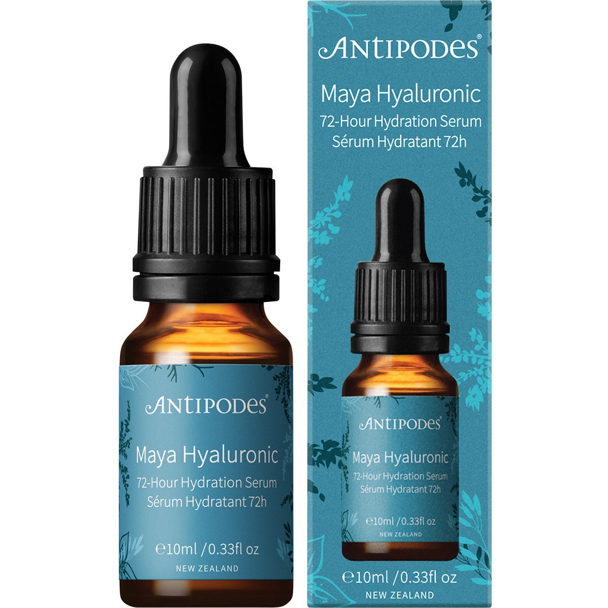Antipodes Maya Hyaluronic 72-Hour Hydration Serum 10ml mini bottle and its green floral patterned box.