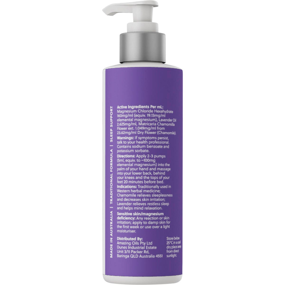 Back of Amazing Oils Magnesium Sleep Lotion 200ml bottle showing product details and directions on a white background.
