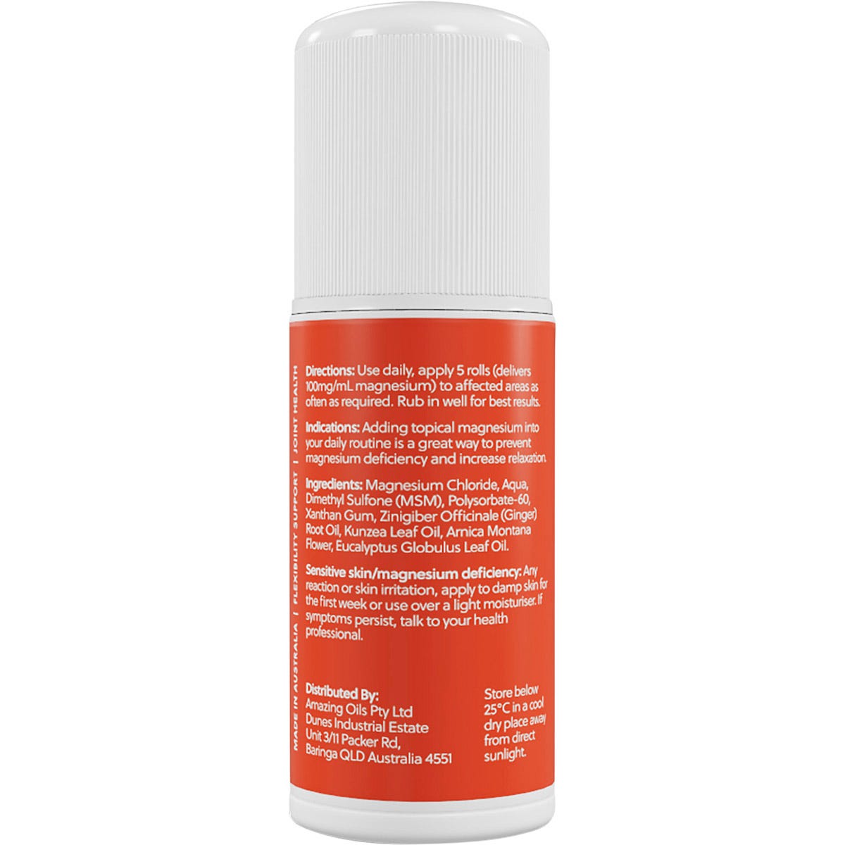 Back label of Amazing Oils Magnesium Joint Gel 60ml roll-on bottle with ingredients and usage instructions.