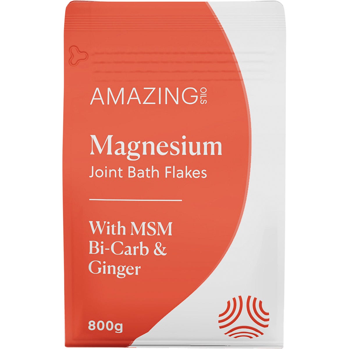 800g bag of Amazing Oils Magnesium Joint Bath Flakes with MSM, bi-carb, and ginger for joint support.