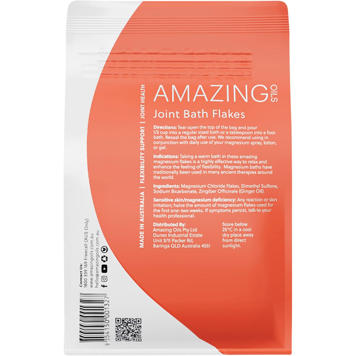 Back of Amazing Oils Magnesium Joint Bath Flakes 800g bag showing ingredients, directions, and benefits.
