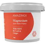 2kg tub of Amazing Oils Magnesium Joint Bath Flakes with MSM, bicarb, and ginger on a white background.