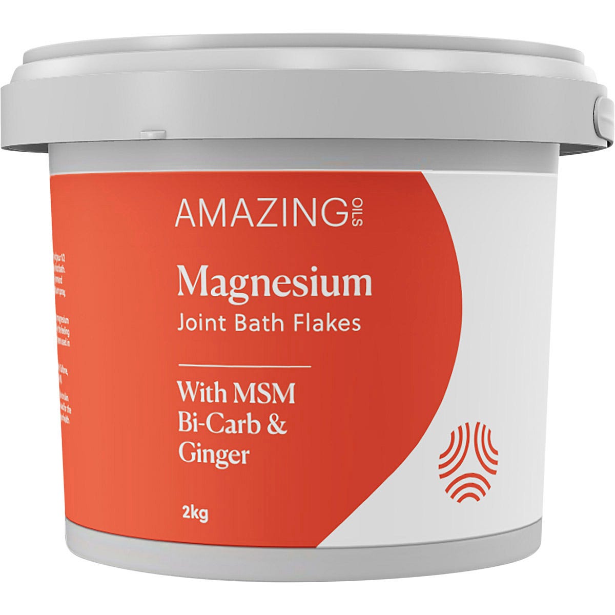 2kg tub of Amazing Oils Magnesium Joint Bath Flakes with MSM, bicarb, and ginger on a white background.