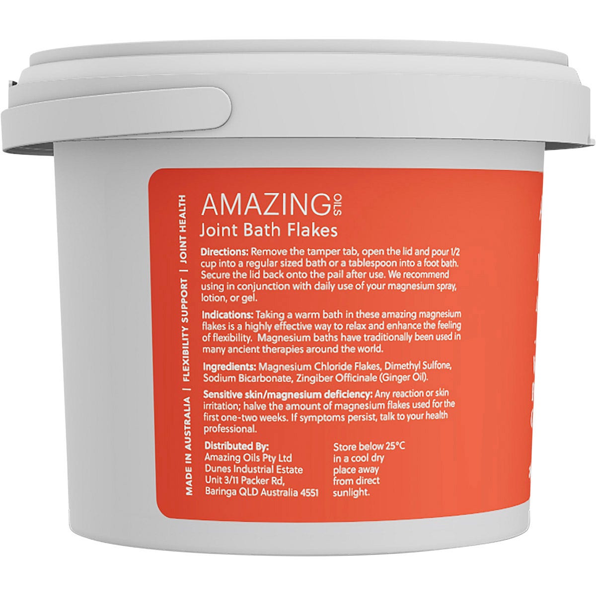 Back view of the 2kg Amazing Oils Magnesium Joint Bath Flakes tub showing directions, ingredients, and product details.