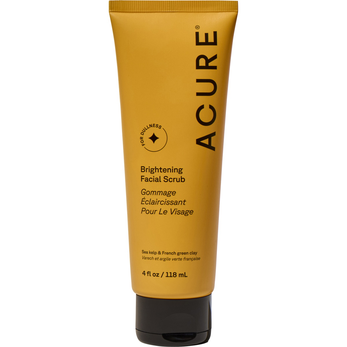 Yellow tube of ACURE Brightening Facial Scrub, 118ml, with sea kelp and French green clay on a white background.