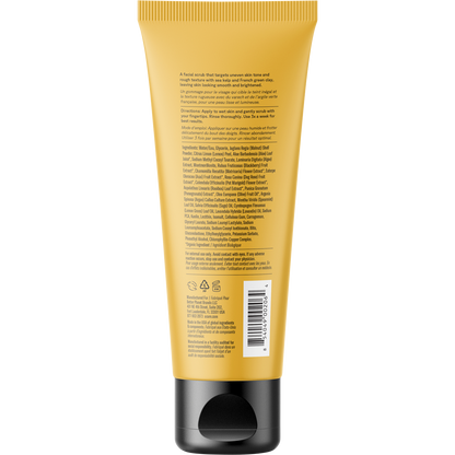 Back of a 118ml ACURE Brightening Facial Scrub tube with directions, warnings, and ingredients on a white background.