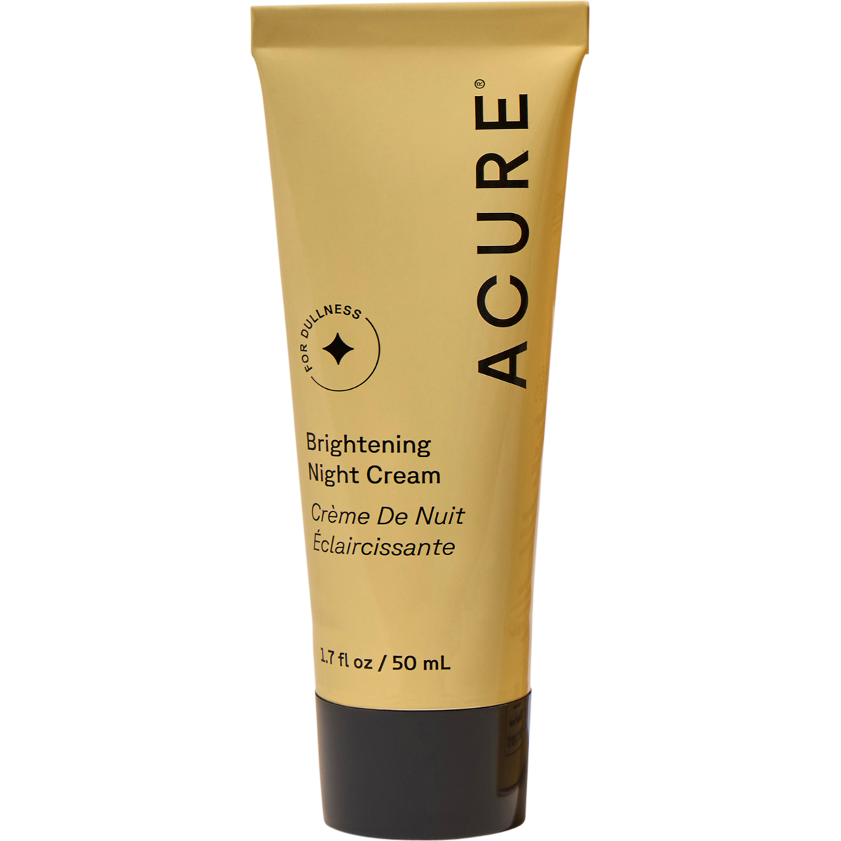 50ml tube of ACURE Brightening Night Cream featuring a yellow and white design with chlorella and argan oil.