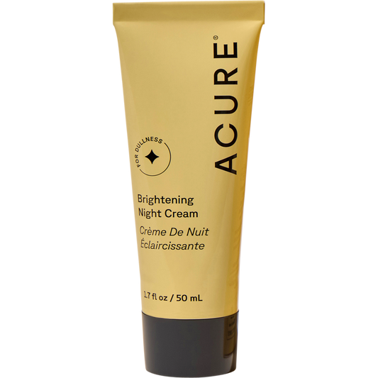 50ml tube of ACURE Brightening Night Cream featuring a yellow and white design with chlorella and argan oil.